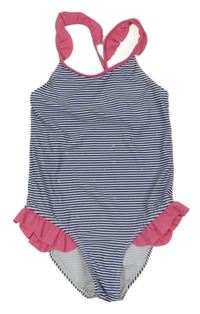 Tmavomodro-bílé pruhované jednodílné plavky s volánky