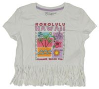 Bílé crop tričko s potiskem a třásněmi Primark