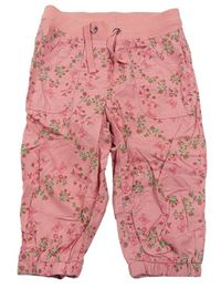 Růžové plátěné květované kalhoty s úpletovým pasem Papagino
