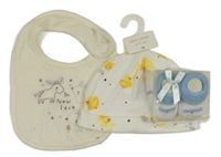 Nové - 3 set - smetanový bryndák + bílá čepice s kachničkami + bílé ponožky s modrým lemem