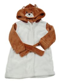 Bílo-hnědý plyšový župan s kapucí s medvědem 