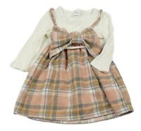 Bílo-růžové úpletové kostkované šaty s mašlí + čelenka s mašlí 