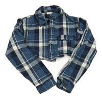 Tmavomodro-bílý kostkovaný crop kabátek s límečkem River Island