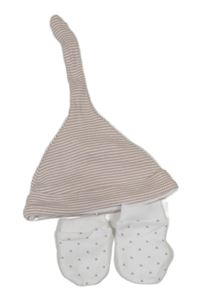 2 set - béžová pruhovaná žebrovaná čepice + vzorované bavlněné rukavice 
