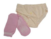 2set - Pudrové kalhotky s hvězdami + růžové protiskluzové ponožky 