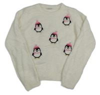 Bílý chlupatý svetr s tučňáky Primark