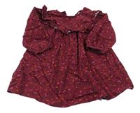 Vínové květované manšestrové šaty s volánky Next