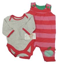 Nové - 2set - Šedo-růžové body + růžovo-fuchsiové pruhované zateplené laclové tepláky Mothercare