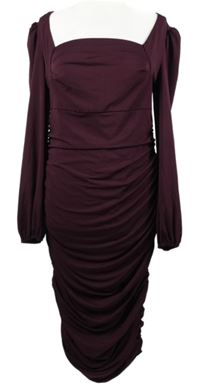 Dámské vínové řasené midi společenské šaty AX 