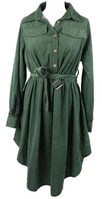 Dámské khaki manšestrové košilové šaty s páskem Shein 