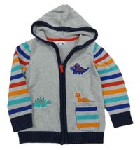 Šedo-pruhovaný propínací svetr s dinosaury a kapucí Bluezoo