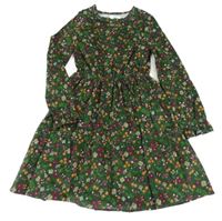 Tmavozelené květované manšestrové šaty C&A
