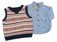 Nové - 2set - Tmavomodrá vzorovaná pletená vesta + košile Next