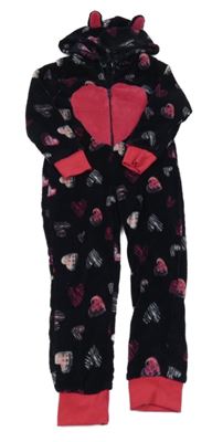 Tmavomodro-růžová plyšová kombinéza se srdíčky a kapucí AVENUE