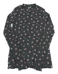 Tmavošedé žebrované triko s kvítky Y.F.K.