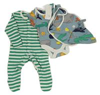 4set - Pruhovaný overal + modré body + bryndák + čepice se zvířátky M&S