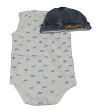 2set - Bílé body s dinosaury + tmavomodrá proužkovaná čepice 