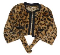 Béžovo-hnědo-černé kožešinové bolerko s páskem 