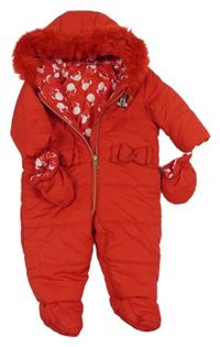 Červená šusťáková zimní kombinéza s Minnií a kapucí + rukavice George