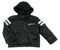 Černá koženková lehce zateplená bunda s odepínací kapucí C&A