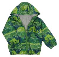 Zelená vzorovaná šusťáková jarní bunda s dinosaury a kapucí 