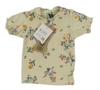 Nové - Béžové žebrované květované tričko