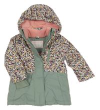 Khaki šusťáková zimní bunda s kytičkami a kapucí Topolino