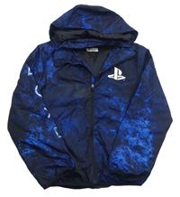 Černo-tmavomodro-modrá batikovaná šusťáková jarní bunda s logem - PlayStation a odepínací kapucí H&M