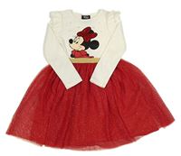 Bílo-červené šaty s Minnie s flitry a tylem s puntíky a volánky PRIMARK