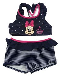 Tmavomodro/růžovo-bílé tankini s Minnie a puntíky a pruhy a volánky Disney