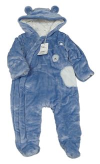 Modrá plyšová zateplená kombinéza s medvídkem a kapucí s oušky Mothercare