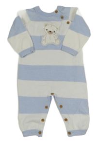 Světlemodro-bílý pruhovaný pletený overal s medvídkem little nutmeg
