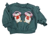 Šalvějová oversize mikina s tučňáčky a volánky M&S