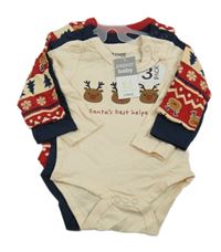 Nové - 3x - Body se soby - Smetanové, tmavomodré, červené so cute