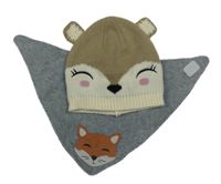 2Set - Hnědo-smetanová pletená čepice s čumáčkem MANOR + šedý melírovaný fleecový šátek/s s liškou Smile