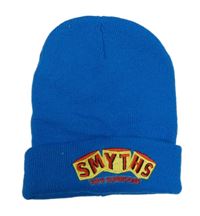Modrá pletená čepice s nápisy