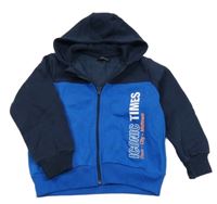 Cobaltově modro-tmavomodrá propínací mikina s nápisy a kapucí TESSENTIALS