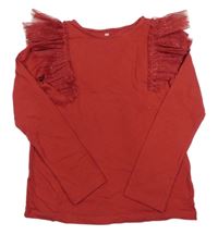 Tmavočervené triko s tylovými třpytivými volánky H&M