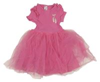 Tmavorůžové žebrované šaty s baletními piškoty a tylem s mašličkami a volánky little kids