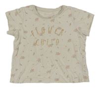 Smetanové crop tričko s kytičkami a zlatými nápisy PRIMARK