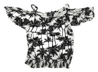 Bílo-černá crop halenka s palmami a volánkem a volnými rameny Page one young