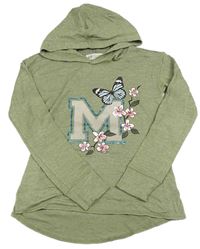 Khaki melírovaná úpletová mikina s písmenem s motýlem a kapucí H&M