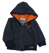 Tmavomodrá melírovaná propínací mikina s nápisem a kapucí Dirkje