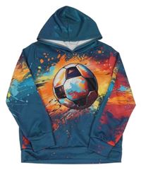 Petrolejovo-oranžovo-červená mikina s fotbalovým míčem a kapucí