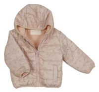 Světlerůžová vzorovaná šusťáková prošívaná zateplená bunda s kapucí 