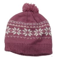 Růžová vzorovaná pletená zateplená čepice s bambulí 