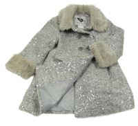 Šedý vlněný flitrový podšitý kabát s kožešinou F&F