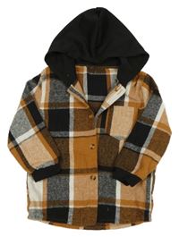 Hnědo-černá kostkovaná úpletová košile s kapucí shein