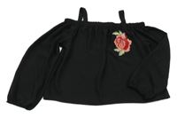 Černé crop šifonové triko s květem Yd.