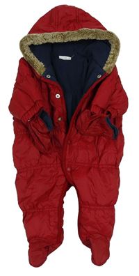 Červená šusťáková zimní kombinéza s kapucí + rukavice Next